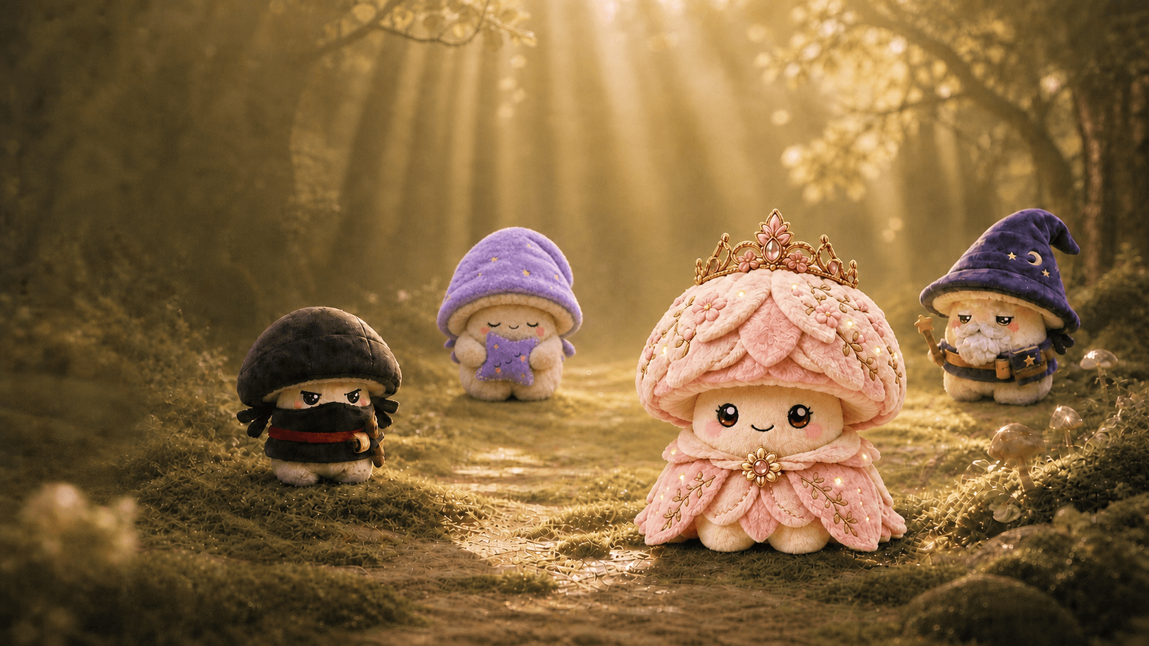 Four muushables gathered on a sunlit forest path
