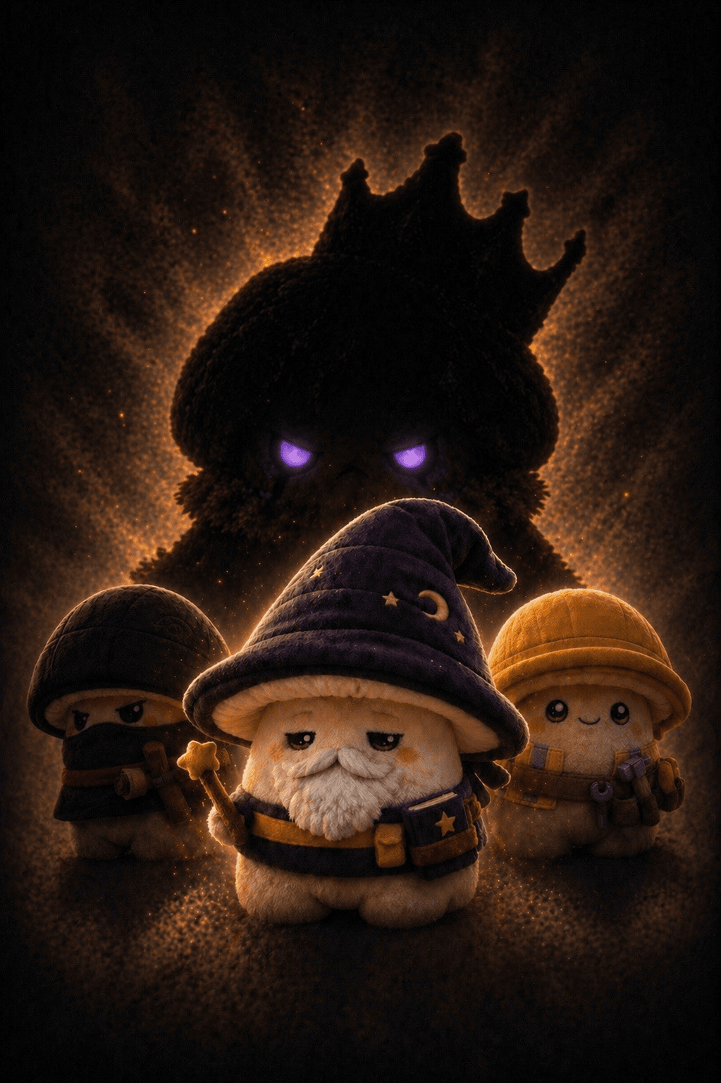 A shadowed crowned muushable looms behind three smaller muushables