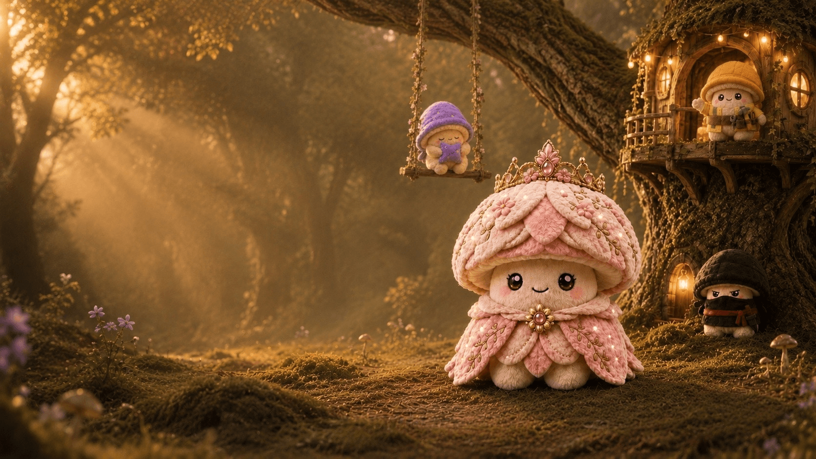 A pink crowned muushable sitting in a sunlit enchanted forest